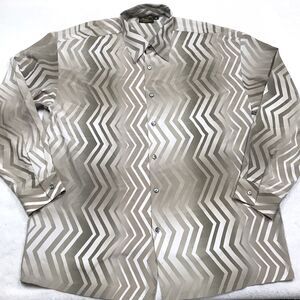 Vtg MONZINI Disco Shirt Men XL Beige Zig Zag Retro Mod Groovy Print Polyester